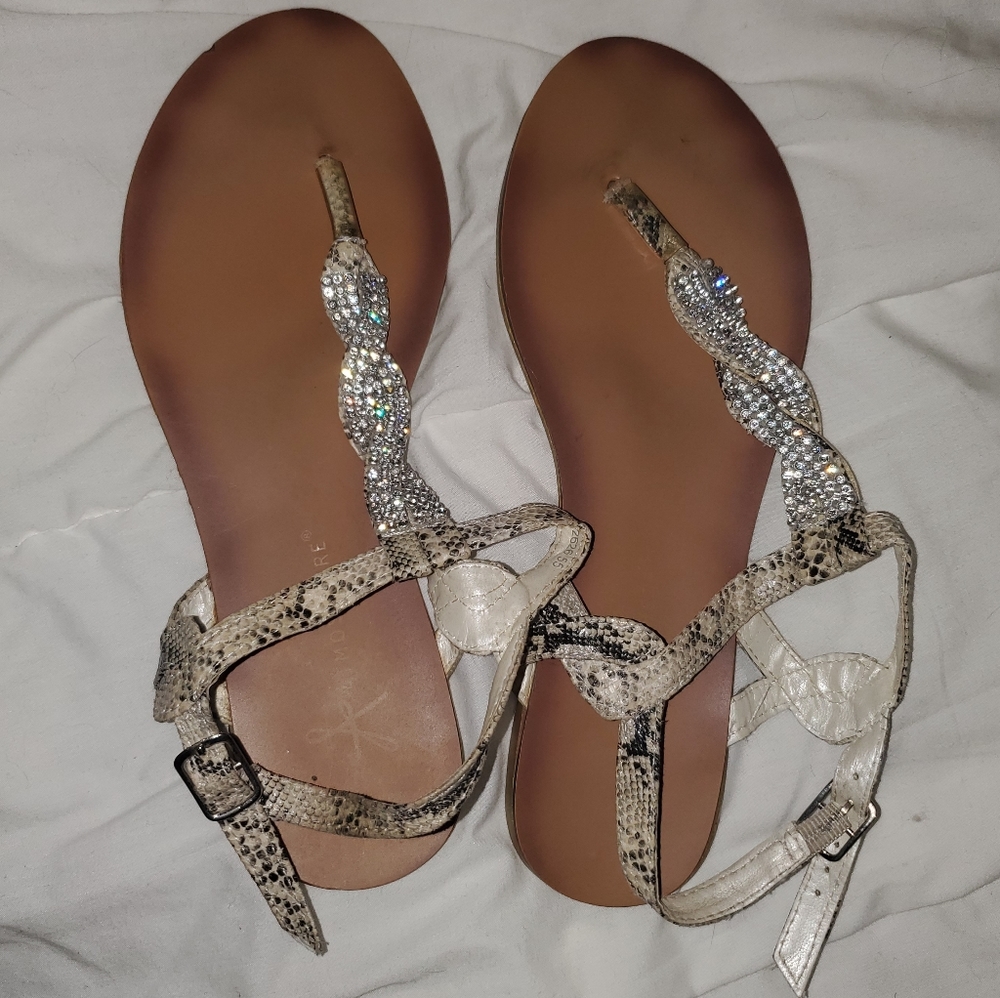 Rhinestone and Faux Snakeskin Sandals